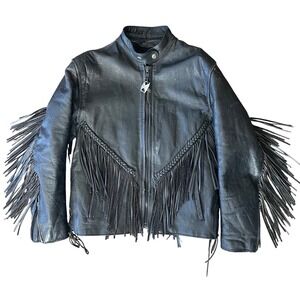 Women's Black Leather Moto Jacket S Fringe Braid Biker Babe Lace Festival Vtg